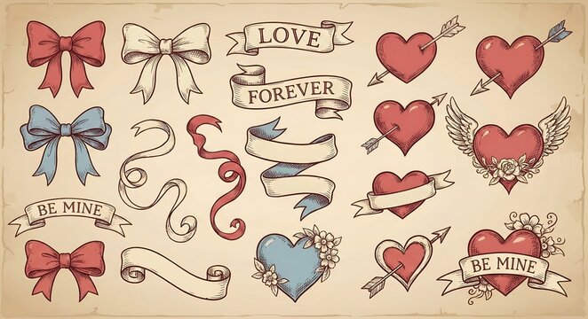 Vintage Hand Drawn Valentine's Day Ribbon and Heart Set with Bows, Arrows, Wings, and Flowers. Retro Tattoo Style Engraving Illustration for Romantic Love Greeting Card and Wedding Design Elements