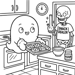 Spooky Snack Prep: A spectral figure cheerfully presents a tray of freshly baked treats to a bony friend, the kitchen alive with the aroma of home-baked joy.