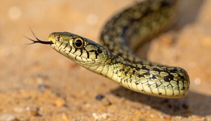 Obraz premium Close-up of a small snake with its tongue flicking out, showing intricate scale patterns and a focused gaze on a textured surface.