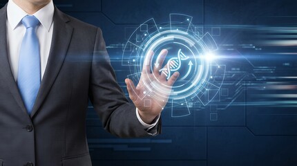 Businessman in suit touching holographic display showing a rotating DNA helix symbol surrounded by futuristic digital interface elements and bright lights genetics biotechnology science