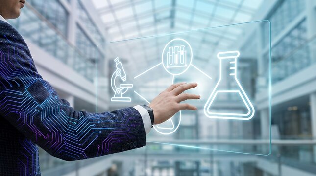 Businessman in suit with integrated circuit sleeve touches holographic interface showing microscope test tubes and laboratory flask icons in modern building science technology hand - Powered by Adobe