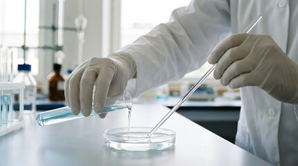 Fototapeta premium Scientist wearing white lab coat and gloves carefully pours blue liquid from a test tube into a clear petri dish while holding a glass stirring rod in a bright laboratory setting pouring