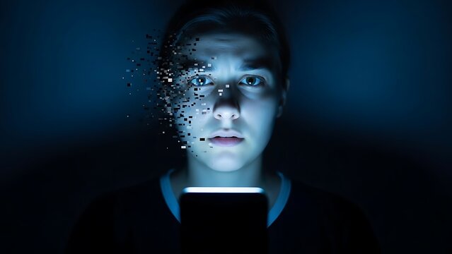 Shocked young person's face pixelating from smartphone screen light.