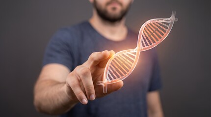 Bearded man in casual shirt delicately touching a glowing orange three dimensional DNA helix structure with his right hand in the foreground genetics science molecule biology human