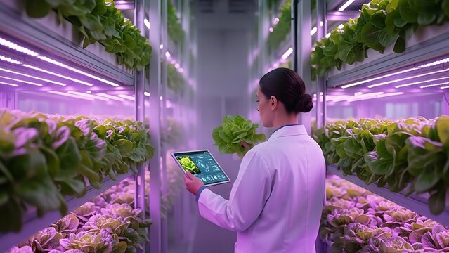 Female scientist monitors hydroponic lettuce with tablet in smart vertical farm.