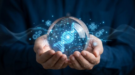 Close up of human hands gently holding a clear sphere containing a glowing blue digital representation of a DNA double helix structure and scientific icons biotechnology genetics science
