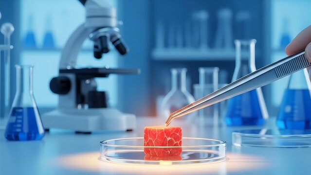 Cultivated meat sample being manipulated by tweezers in a scientific laboratory.