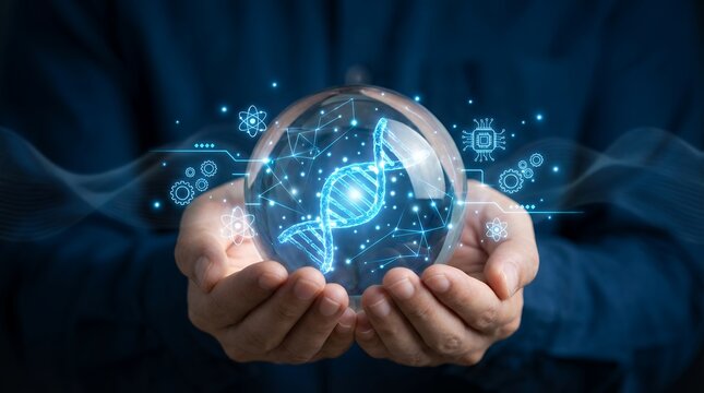 Close up of human hands gently holding a clear sphere containing a glowing blue digital representation of a DNA double helix structure and scientific icons biotechnology genetics science - Powered by Adobe