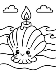 Fototapeta premium Seashell Candle Illustration: A whimsical illustration of a seashell with a candle on top, the soft glow and gentle waves.
