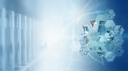 Abstract blue composition featuring row of blurry test tubes on left and hexagonal collage illustrating laboratory research with scientist microscope DNA and molecular structures on right