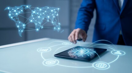 Businessman interacting with a glowing digital world map projection and interactive holographic icons linked to a tablet computer displaying a central microchip global network technology