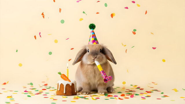 Cute brown lop-eared rabbit wearing a colorful party hat and holding a party blower, small carrot cake with lit candle and falling confetti, celebrating a work deadline or office birthday.