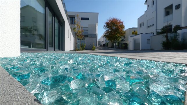 Recycled blue glass aggregate forms a textured decorative surface in modern architectural landscaping