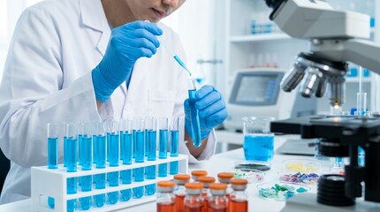 Close up of a scientist in a white lab coat and blue gloves adding blue liquid drop by drop to a test tube using a pipette in a modern laboratory setting chemical experiment research