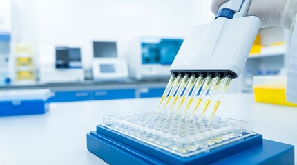 Close up view of a scientist's gloved hand using an 8 channel multichannel pipette to dispense yellow liquid into a microplate within a bright laboratory setting dispensing liquid handling