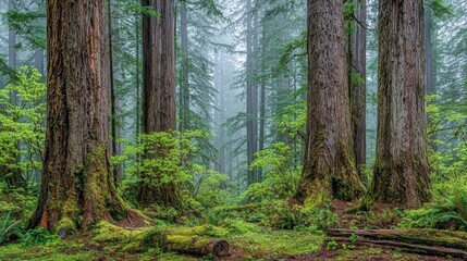Obraz premium Misty ancient forest with towering moss-covered trees and lush green undergrowth