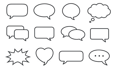 Fototapeta premium Outline line art speech bubble set featuring various chat and thought cloud shapes for digital communication
