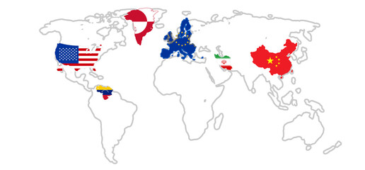 Obraz premium world map with flag colors map shapes of USA of Europe and China and Venezuela and Iran and Greenland, simplified smooth rounded-corners, isolated