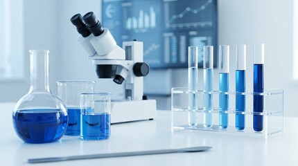 A bright laboratory setting displays various pieces of scientific glassware containing blue liquid a microscope and digital analytical charts in the soft background science test tubes