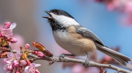 Fototapeta premium Tiny Black capped chickadee bird singing its heart out on a flowering branch with vibrant pink blossoms