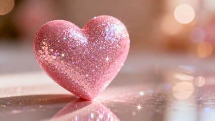 Fototapeta premium A sparkling pink glitter heart stands gracefully on a reflective surface with soft bokeh