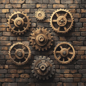 Steampunk Mechanical Gears Against Brick Wall Illustration. , vector style simple color