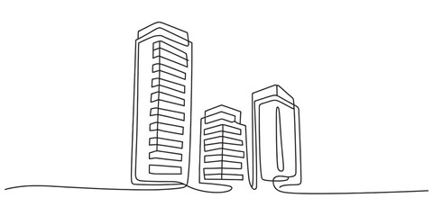 Continuous line drawing of a city skyline with three modern high-rise buildings on a white background. Vector, illustration © Kanu Art_Gallery