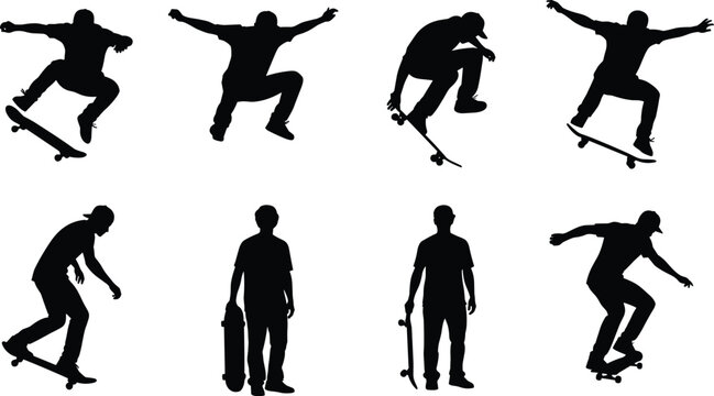 Black Silhouette Collection of Seven Moose in Various Walking Poses and Profiles Isolated on White Background Representing Wild Nature Forest Animals and Northern Wildlife Vector