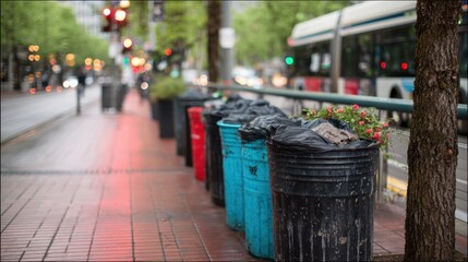 Trash bins line the street as a bus passes in the background during the day