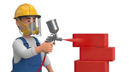 Cartoon Construction Worker Spray Painting Red Bricks
