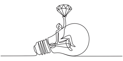 A figure sitting on a light bulb holding a diamond, representing a brilliant and valuable idea Vector, illustration