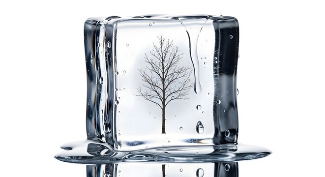 National Day of Awareness about Cli A single bare tree is encapsulated within a translucent ice cube, highlighting its delicate form and the concept of preservation. A unique fusion of nature and cold