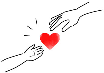 親から子供へハートを手渡すシンブル線画