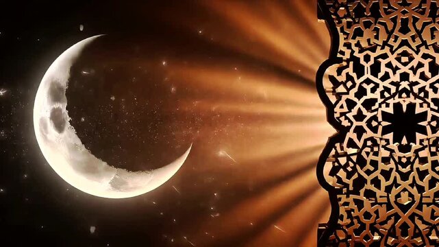 Crescent moon in starry sky with Islamic pattern frame and rays