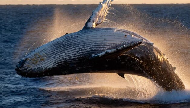 Majestic humpback whale breaching out of ocean with massive water splashes in golden hour light for world whale day and marine wildlife background