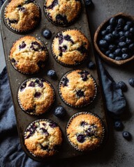 Golden blueberry muffins baked in tray with fresh berries image