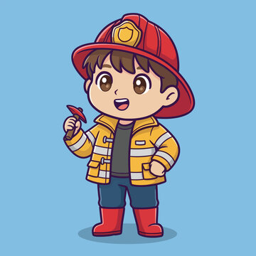 Cute cartoon fireman. Little boy in firefighter costume. Red helmet. Yellow jacket. Brown hair. Blue background. Vector illustration.