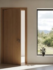 Elegant interior featuring ajar wooden door and window with scenic view