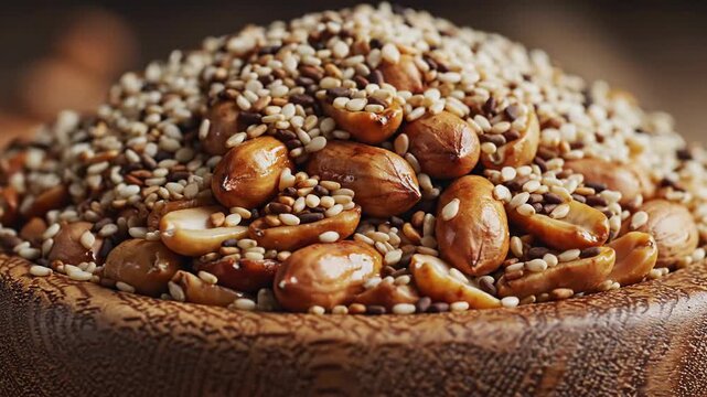 Heap of Roasted Peanuts and Sesame Seeds in Wooden Bowl