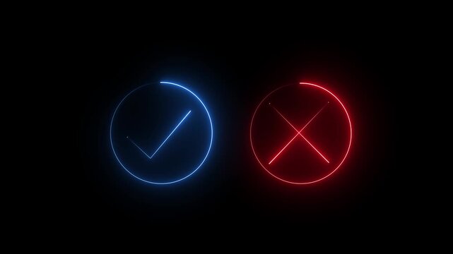 Neon red and blue color check mark with cross sign icon animation no wrong cancel tick success done accept complete correct confirm finishing checkbox sign symbol on black background. 4k 