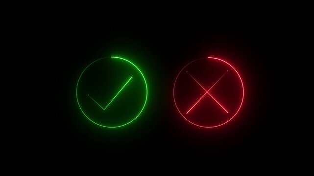 Neon green and red color check mark with cross sign icon animation no wrong cancel tick success done accept complete correct confirm finishing checkbox sign symbol on black background. 4k 