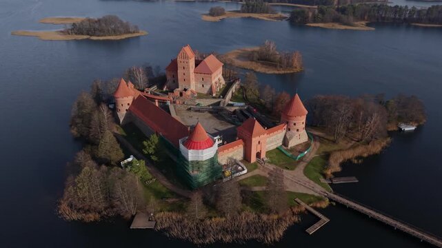 Trakai Island Castle Traku Pilis In Lithuania Overhead Courtyard And Rooftop Details Trakai Castle Tiles Brick Textures Turret Staircases Architect Photographer Inspecting Restoration