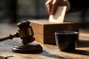 Wooden Judge Gavel and Ballot Box with Person Casting Vote, Election Day Concept for Democracy and Law, National Holiday Theme for Civic Duty