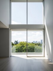 Fototapeta premium Panoramic vista from a modern apartment with nature-infused cityscape views