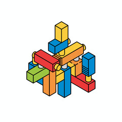 Isometric illustration of an interlocking multicolored wooden puzzle structure on white