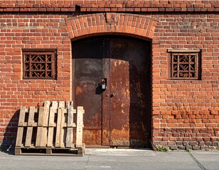 Rusty iron doors framed by brick wall with wooden pallet nearby