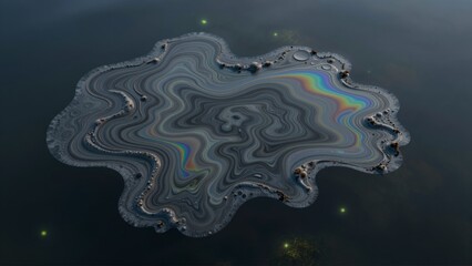 Obraz premium A swirling iridescent oil slick on dark water with small luminous specks