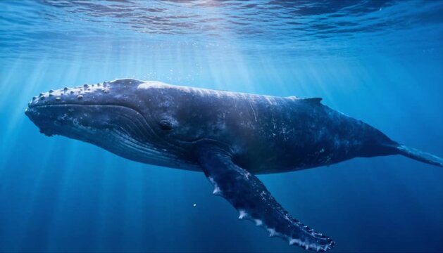 Massive blue whale swimming slowly through deep ocean with realistic scale for world whale day and marine wildlife background