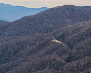 Fototapeta premium A winding road cutting through forested mountain slopes. Muted winter tones and repeating textures emphasize scale and calmness of the landscape.