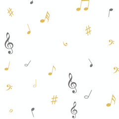 Seamless pattern of scattered gray and gold musical notes and symbols
